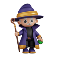 3d Character Wizard Holding His Stick and Potion Pose. 3d render isolated on transparent backdrop. png