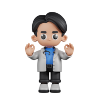 3d personaje médico dando Okay mano gesto pose. 3d hacer aislado en transparente fondo. png