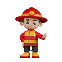 3d Character Firefighter Pointing Next Pose. 3d render isolated on transparent backdrop. png