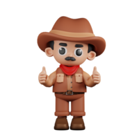 3d Character Cowboy Giving A Thumb Up Pose. 3d render isolated on transparent backdrop. png