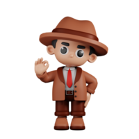 3d Character Detective Giving Ok Sign Pose. 3d render isolated on transparent backdrop. png