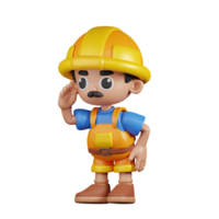 3d personagem construtor olhando para alguma coisa pose. 3d render isolado em transparente pano de fundo. png