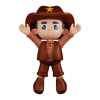 3d Character Sheriff Jumping Celebration Pose. 3d render isolated on transparent backdrop. png