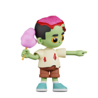 3d personagem zumbi apontando acima enquanto segurando algodão doce pose. 3d render isolado em transparente pano de fundo. png