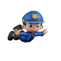 3d Character Policeman Flying Pose. 3d render isolated on transparent backdrop. png