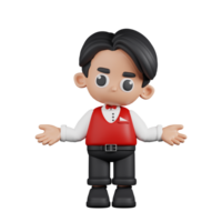 3d Character Waitress Doing The No Idea Pose. 3d render isolated on transparent backdrop. png
