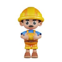 3d personagem construtor mostrando polegares acima pose. 3d render isolado em transparente pano de fundo. png