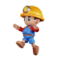 3d Character Miner Jumping Pose. 3d render isolated on transparent backdrop. png