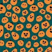 Seamless halloween pattern with creepy and funny pumpkins on green background for kids party, fabric, textile, backgrounds, invitations. Vector