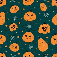 Seamless halloween pattern with funny pumpkins on green background with boo text and dots for kids party, fabric, textile, backgrounds, invitations. Vector