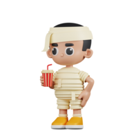 3d personaje momia con un taza de soda bebida pose. 3d hacer aislado en transparente fondo. png