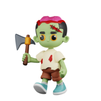 3d Character Zombie Holding A Big Axe Pose. 3d render isolated on transparent backdrop. png