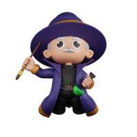 3d Character Wizard Jumping In The Air Pose. 3d render isolated on transparent backdrop. png