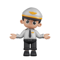 3d Character Pilot Doing The No Idea Pose. 3d render isolated on transparent backdrop. png