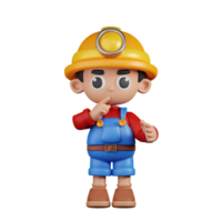 3d personagem mineiro quieto pose. 3d render isolado em transparente pano de fundo. png