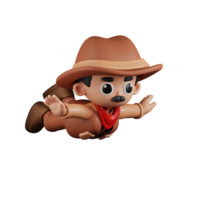 3d Character Cowboy Flying Pose. 3d render isolated on transparent backdrop. png