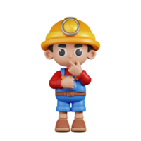 3d Character Miner Curious Pose Pose. 3d render isolated on transparent backdrop. png