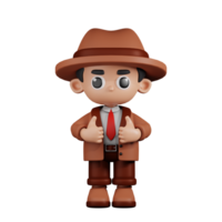 3d personagem detetive mostrando polegares acima pose. 3d render isolado em transparente pano de fundo. png