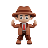 3d Character Detective Looking Strong Pose. 3d render isolated on transparent backdrop. png