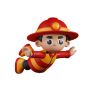 3d Character Firefighter Flying Pose. 3d render isolated on transparent backdrop. png