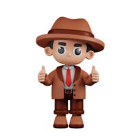 3d Character Detective Giving A Thumb Up Pose. 3d render isolated on transparent backdrop. png