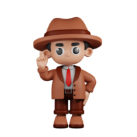 3d Character Detective Pointing Up Pose. 3d render isolated on transparent backdrop. png