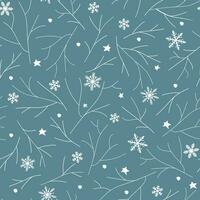 Seamless pattern with winter frosty ornament. Snowflakes of different shapes, against the background of white tree branches. Abstract vector graphics.