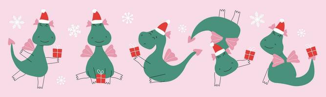 A set of funny cartoon dragons in Santa hats with gifts in their hands on a background of snowflakes. Festive winter fairy-tale animals. Vector graphics.