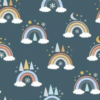 Seamless pattern with multicolored rainbows, snowflakes, triangular fir trees, clouds. Winter abstract children's print. Vector graphics.