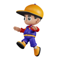 3d Character Mechanic Jumping Pose. 3d render isolated on transparent backdrop. png