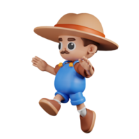 3d Character Farmer Jumping Pose. 3d render isolated on transparent backdrop. png