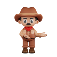 3d personaggio cowboy puntamento per qualcosa posa. 3d rendere isolato su trasparente sfondo. png