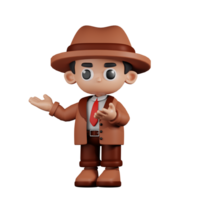 3d Character Detective Presenting Pose. 3d render isolated on transparent backdrop. png