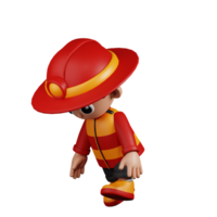 3d personagem bombeiro cansado andar pose. 3d render isolado em transparente pano de fundo. png