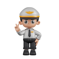 3d Character Pilot Showing Peace Sign Pose. 3d render isolated on transparent backdrop. png