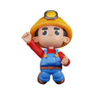 3d Character Miner Jumping In The Air Pose. 3d render isolated on transparent backdrop. png