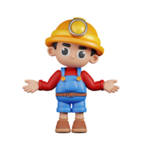 3d Character Miner Doing The No Idea Pose. 3d render isolated on transparent backdrop. png