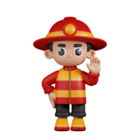 3d Character Firefighter Hands Up Pose. 3d render isolated on transparent backdrop. png