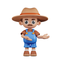 3d personagem agricultor apontando para alguma coisa pose. 3d render isolado em transparente pano de fundo. png