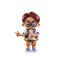 3d Character Student Pointing Fingers In Direction Pose. 3d render isolated on transparent backdrop. png