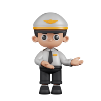 3d personagem piloto apontando para alguma coisa pose. 3d render isolado em transparente pano de fundo. png