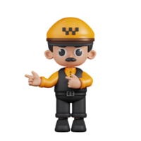 3d Character Taxi Driver Pointing Fingers In Direction Pose. 3d render isolated on transparent backdrop. png