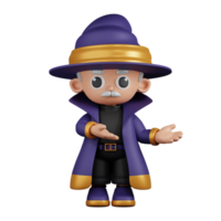 3d Character Wizard Pointing To Something Pose. 3d render isolated on transparent backdrop. png