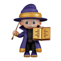 3d Character Wizard Showing Spellbook while Holding Little Stick Pose. 3d render isolated on transparent backdrop. png