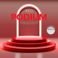 Red 3d background. Empty three step red podium mockup with white neon light. Cosmetics empty mockup pedestal. Presentation product stand template. Vector illustration