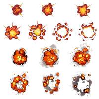 bomb explosion, fire set. Boom clouds and smoke elements for ui game design. Dangerous explosive detonation, atomic comics detonators for mobile animation, isolated vector icons, Cartoon dynamite.