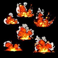 bomb explosion, fire set. Boom clouds and smoke elements for ui game design. Dangerous explosive detonation, atomic comics detonators for mobile animation, isolated vector icons, Cartoon dynamite.