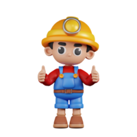 3d Character Miner Giving A Thumb Up Pose. 3d render isolated on transparent backdrop. png