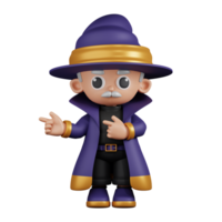 3d personagem Mago apontando dedos dentro direção pose. 3d render isolado em transparente pano de fundo. png