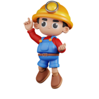 3d Character Miner Happy Jumping Pose Pose. 3d render isolated on transparent backdrop. png